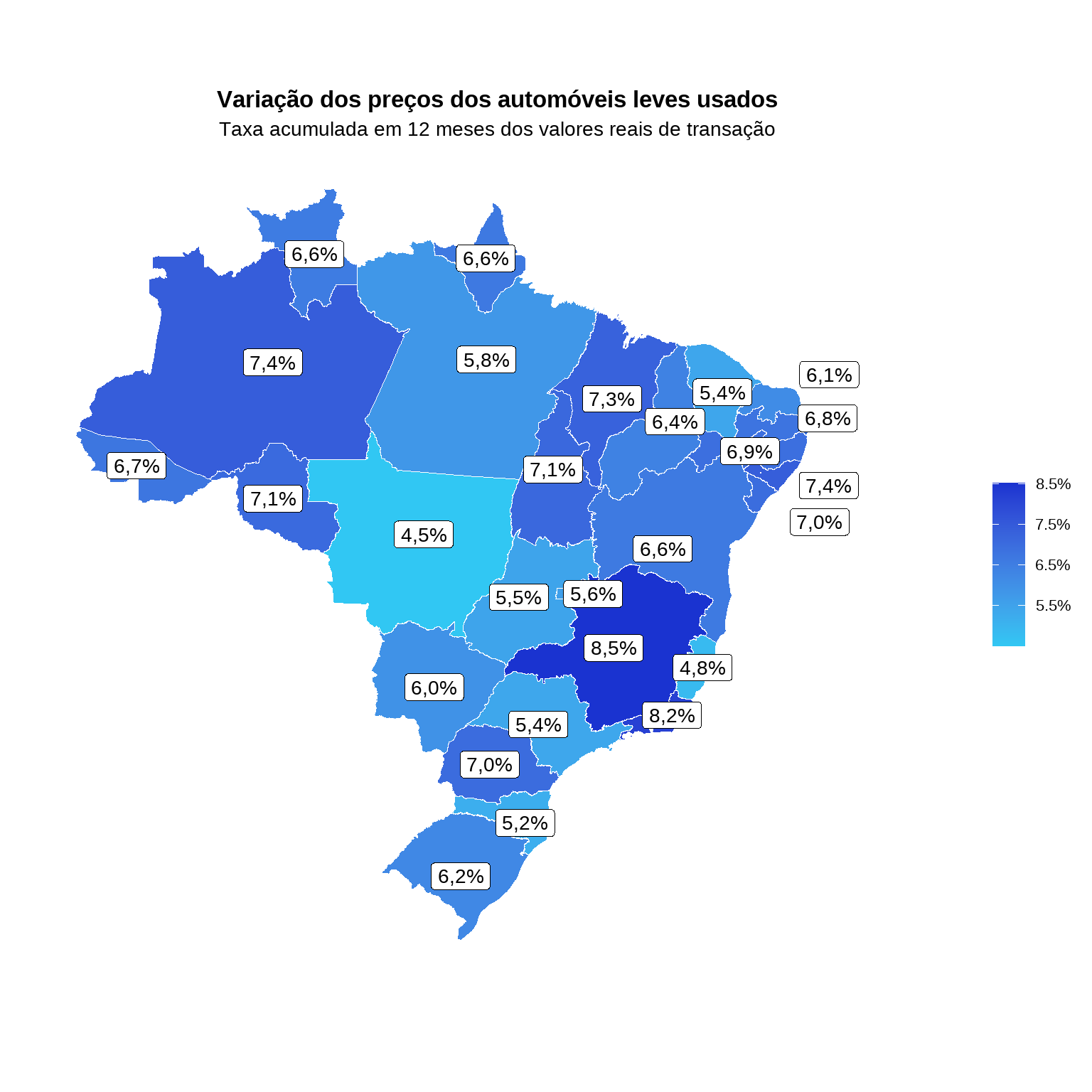 Mapa do Brasil com variação acumulada em 12 meses por estado em abril de 2026 — Minas Gerais lidera com 8,5%